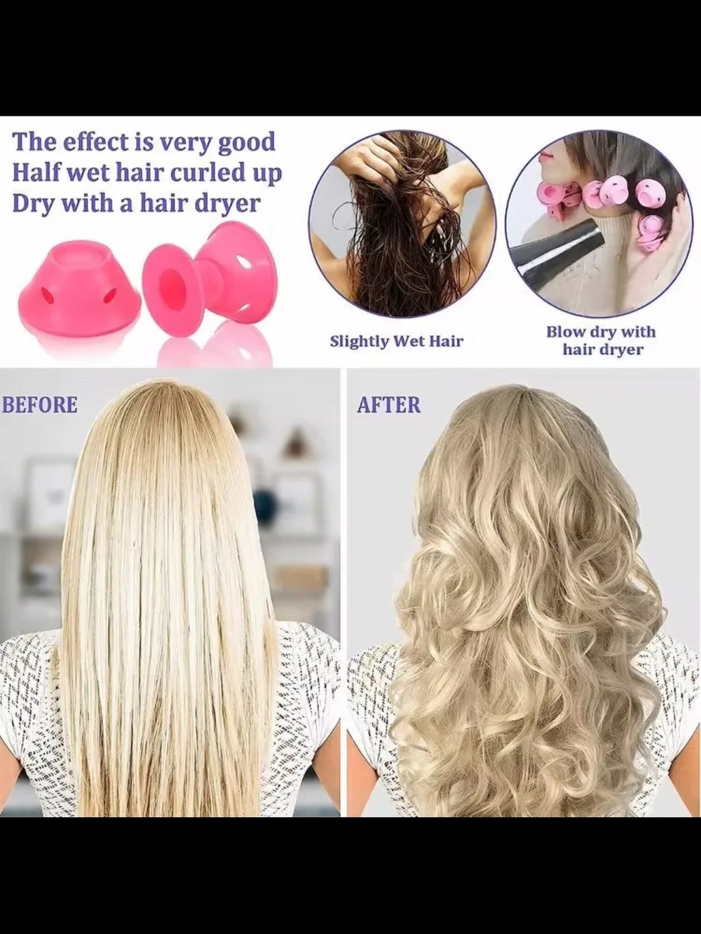 Silicone no-heat hair curlers, sleep rollers set.